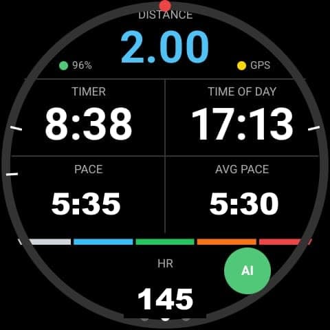 Readi running on Wear OS — live pace, heart rate, and segment metrics on a smartwatch